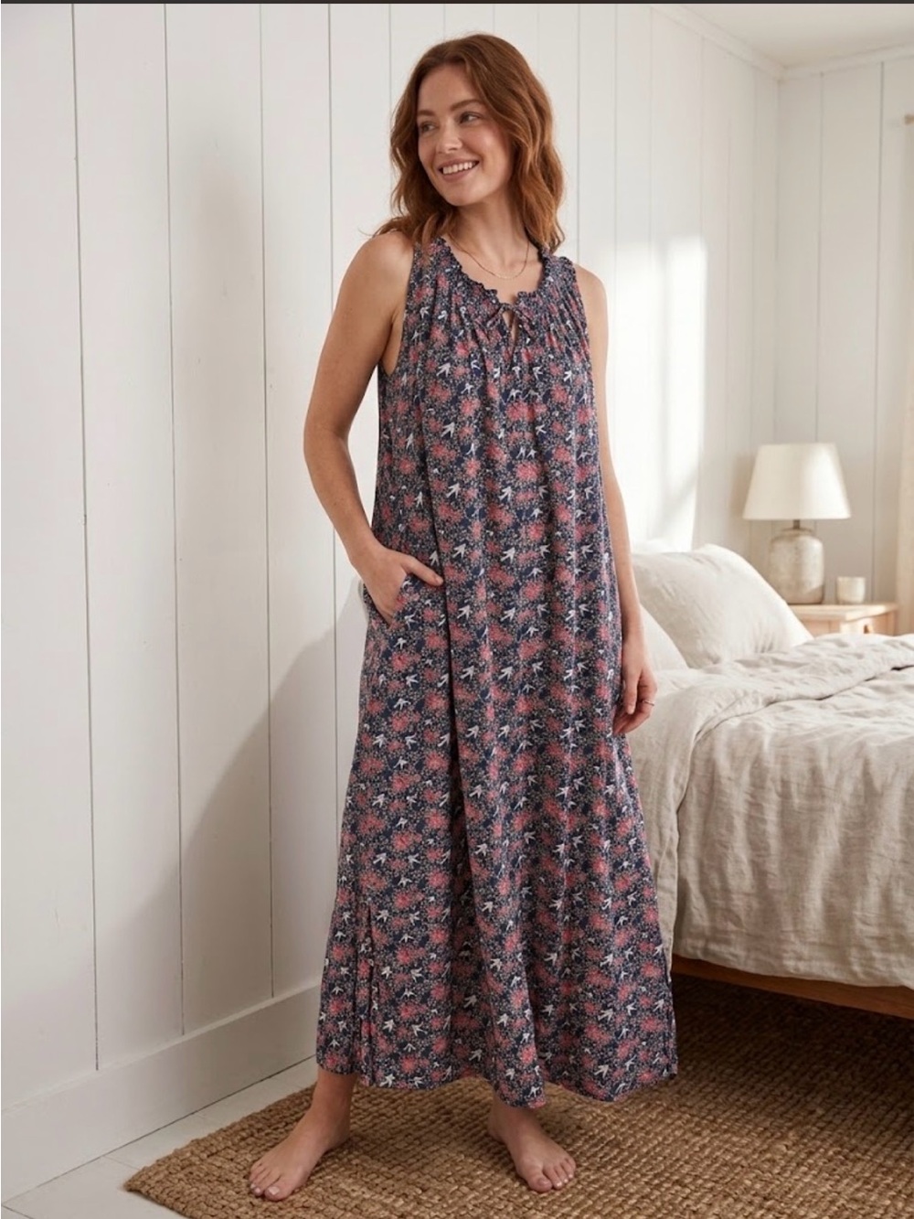 Ella Simone Sleeveless Nightgown - Pink & Navy Floral Bird Print Size S